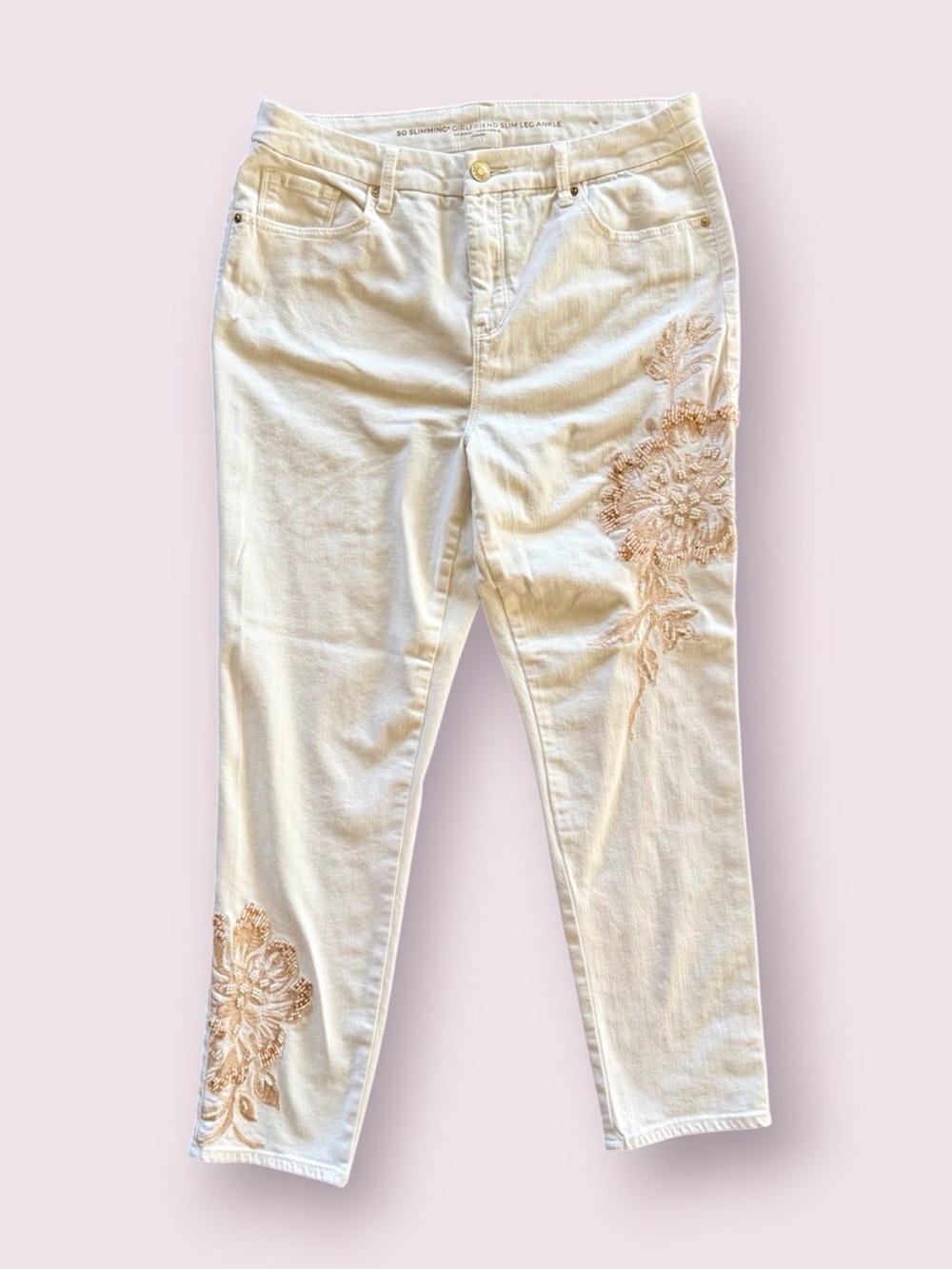 Chico’s So Slimming Girlfriend Slim Leg Ankle Floral
Embellished Jean